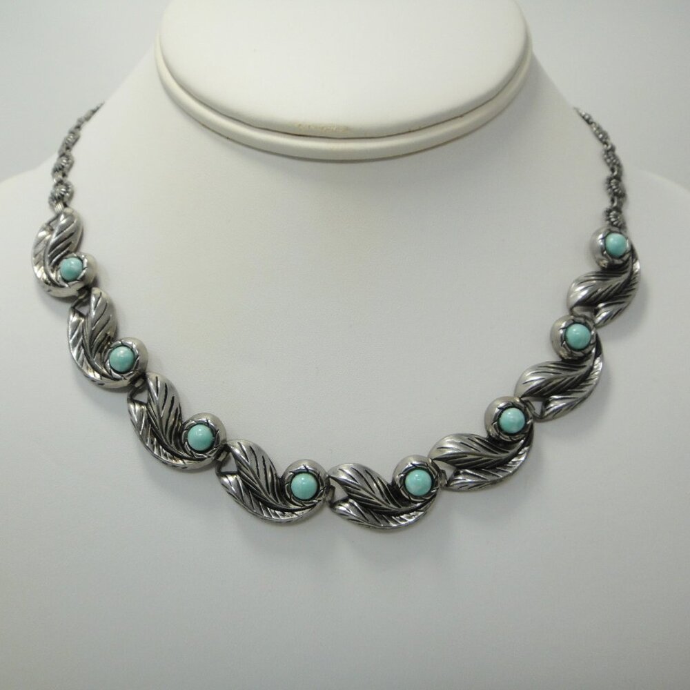 Necklace Blue Faux Turquoise Silver Tone Leaves Choker 16.5"